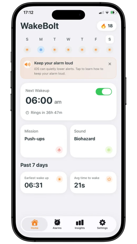 WakeBolt alarm app home screen showing next alarm and daily streak